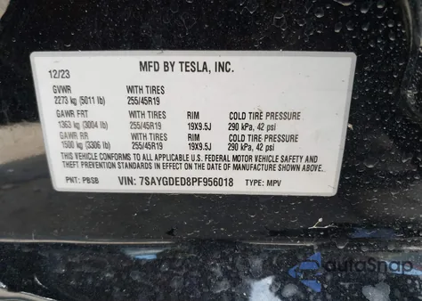 2023 Tesla Model Y Rwd z USA, uszkodzony, nr VIN 7SAYGDED8PF956018